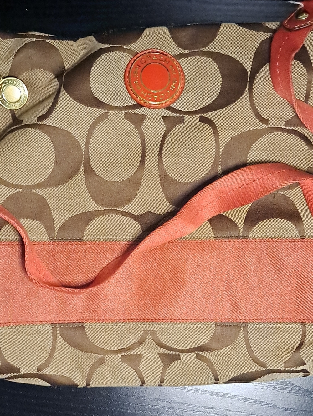 Coach Brown Signature Canvas Tote with Coral Trim